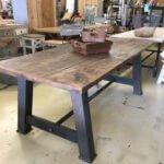 table Industrial metal base table. Steel base dark wax steel metal industrial