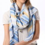 Scarf Tasseled Geometric Print msh at arkvintage. The scarf has coloured tassels and the main body is in blue with greys and yellows. The team here love this one! Buy online or in store Camberley Surrey. msh